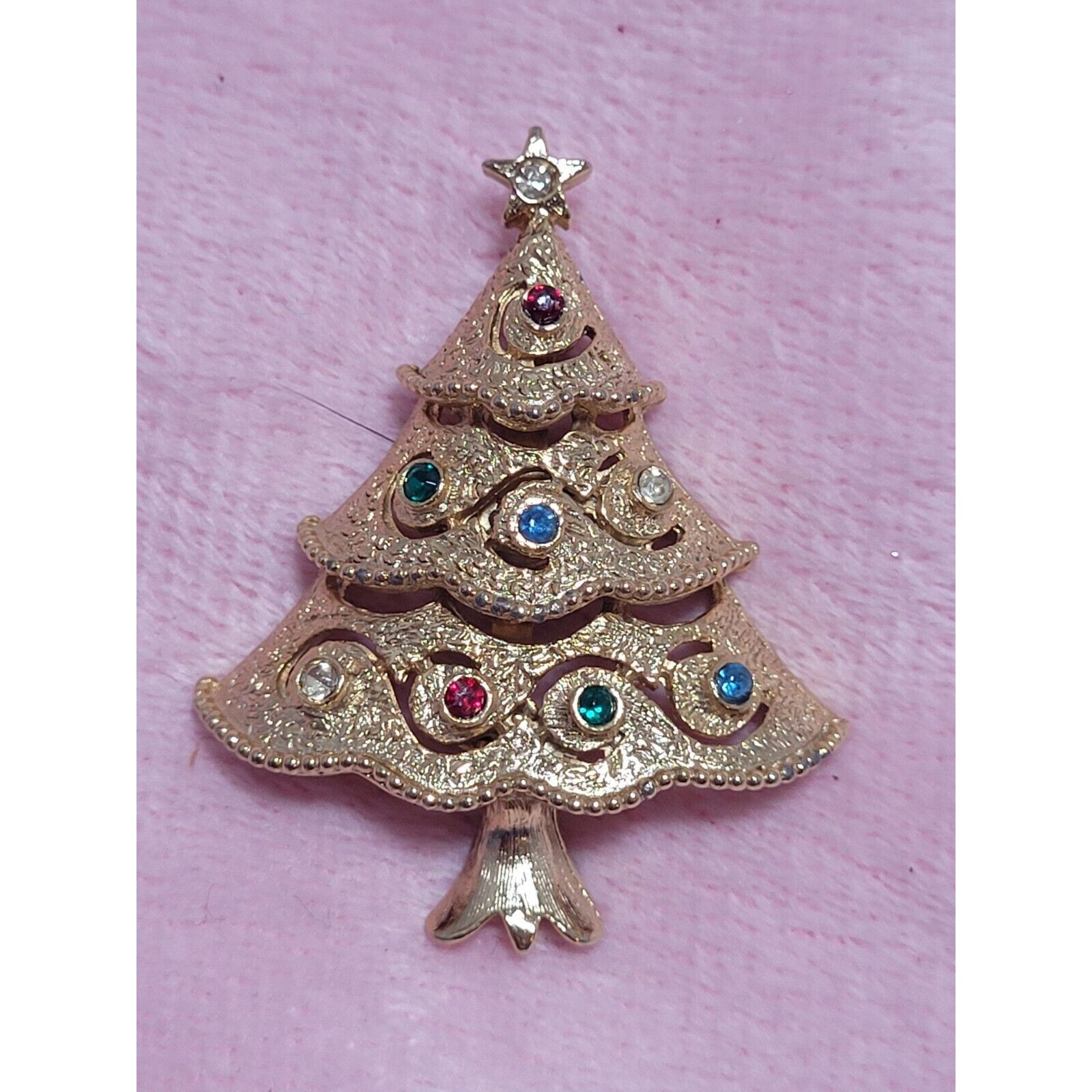 Vintage Jj Jonette Christmas Tree Brooch Rhinestone Brushed Gold Tone Retro Mcm 17$
